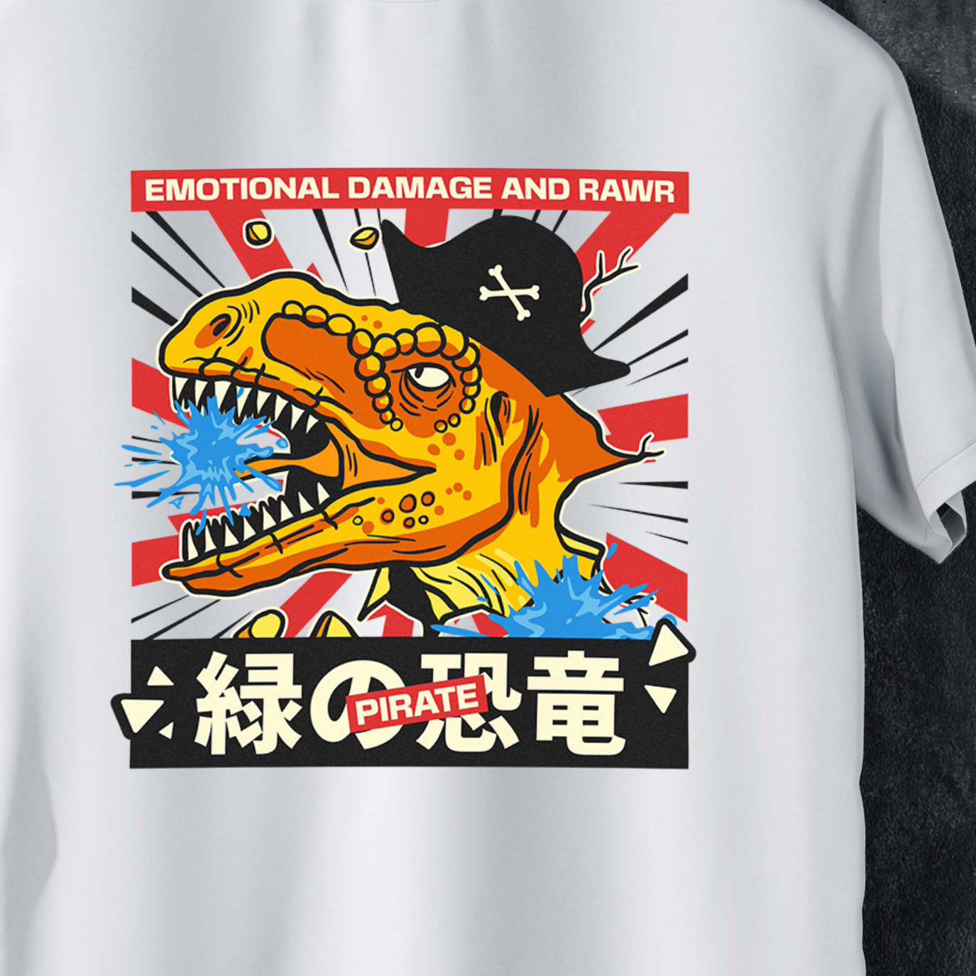 Rawr Emotional Damage Dinosaur Pirate T-Shirt – Fun Prehistoric Graphic Tee